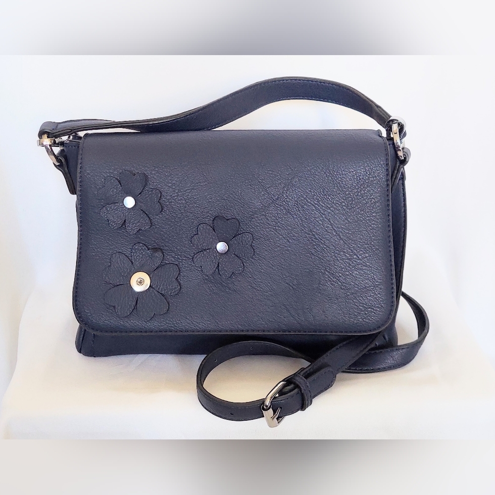 Magnolia & Vine Blue Faux Leather Draper Flap Crossbody Carry Bag Adjustable